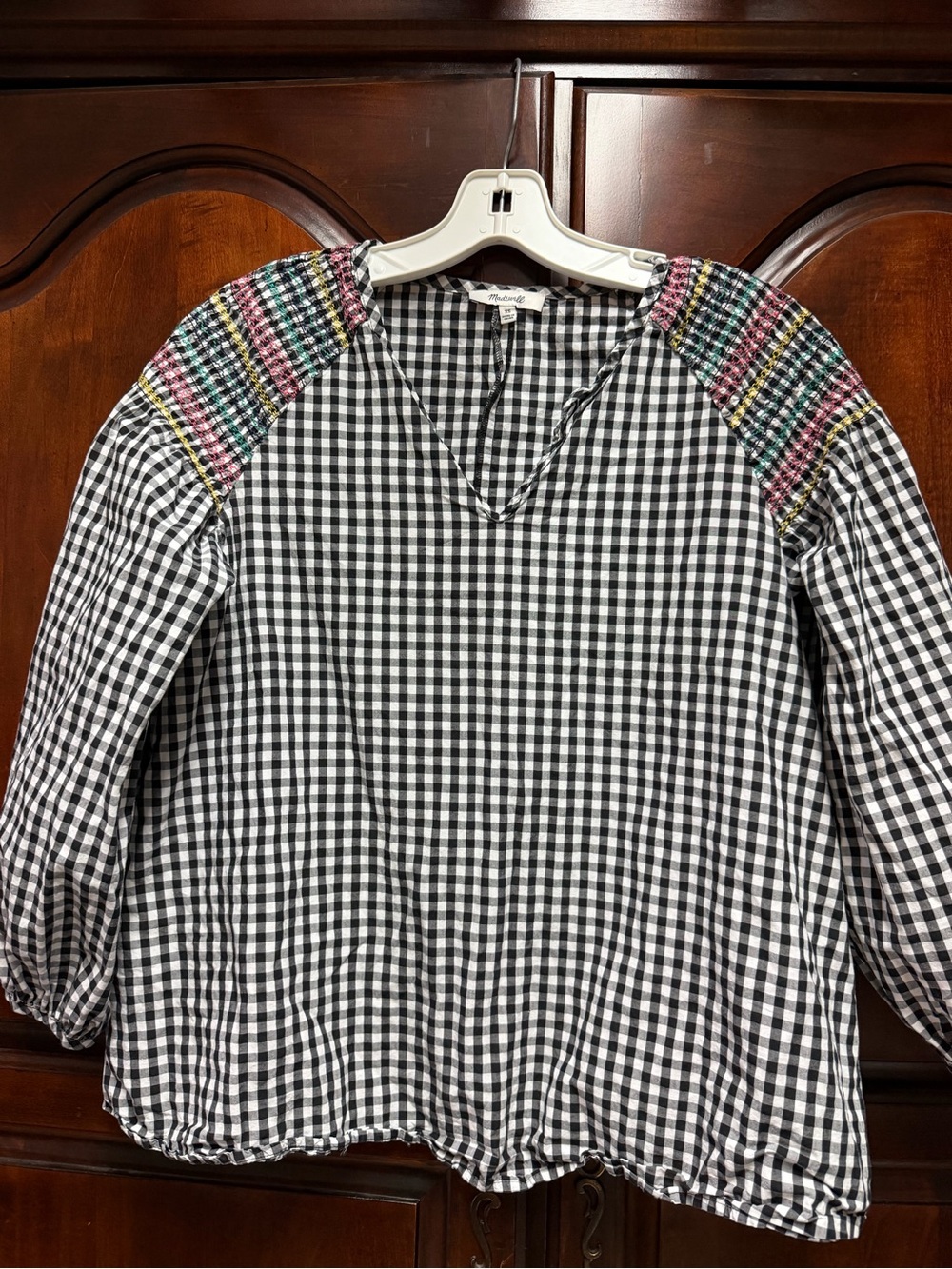 Madewell Black & White Gingham V-Neck Top with Multicolor Tweed Shoulders